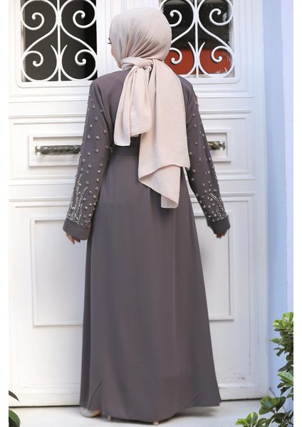 Boncuk Işlemeli Kahverengi Tesettür Ferace 29101KH