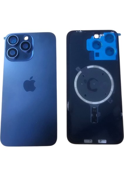 Uyumlu Iphone 15 Pro Max Arka Kapak Full Kamera Camlı ( Pil Kapağı ) - Magsafe Demirli + Mavi