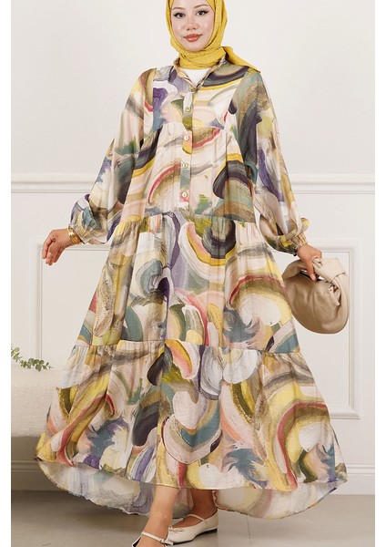 Renkli Yarım Patlı Tam Boy Elbise