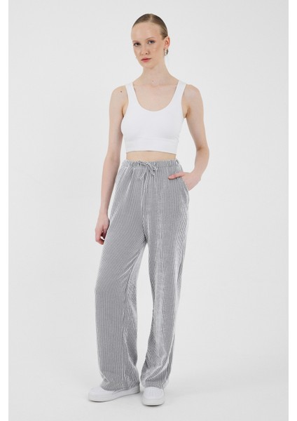 Siyah Beli Lastikli Çizgili Geniş Paça Dokuma Pantolon 4098