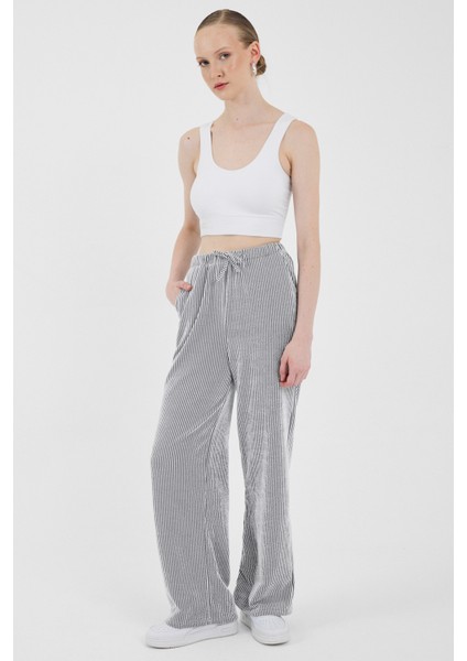 Siyah Beli Lastikli Çizgili Geniş Paça Dokuma Pantolon 4098 fiyatları