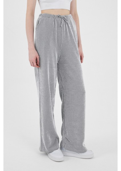 Siyah Beli Lastikli Çizgili Geniş Paça Dokuma Pantolon 4098 modelleri