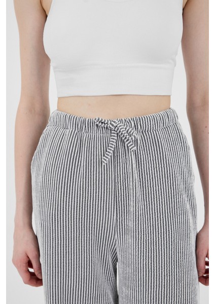 Siyah Beli Lastikli Çizgili Geniş Paça Dokuma Pantolon 4098 fırsatları