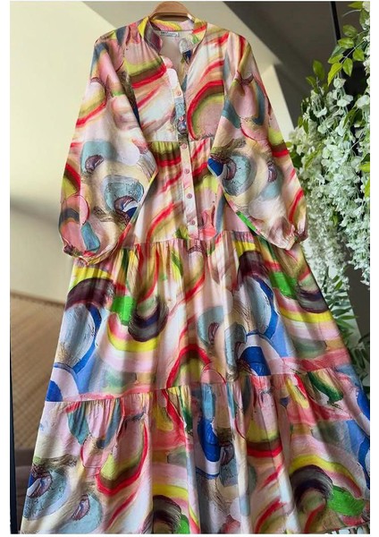 Renkli Yarım Patlı Tam Boy Elbise