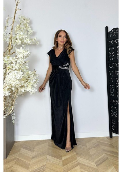 G1512 Taş Detaylı Simli Maksi Abiye Elbise Siyah Siyah indirimleri