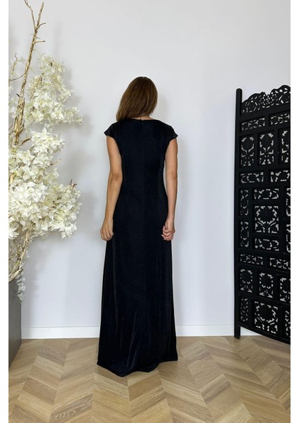 G1512 Taş Detaylı Simli Maksi Abiye Elbise Siyah Siyah