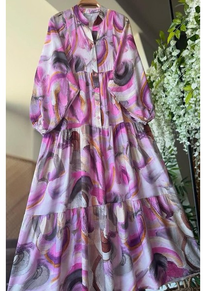 Renkli Yarım Patlı Tam Boy Elbise