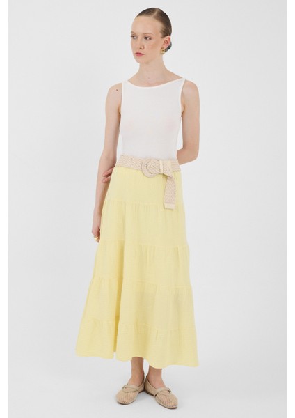 Tereyağ Sarısı Keten Görünümlü %100 Pamuk Kat Kat Uzun Etek 4801A