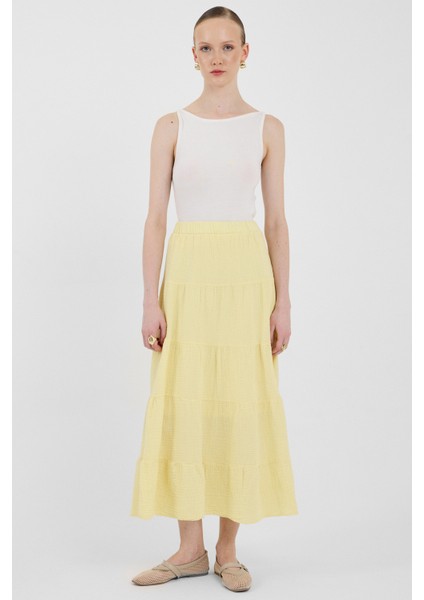 Tereyağ Sarısı Keten Görünümlü %100 Pamuk Kat Kat Uzun Etek 4801A fiyatları