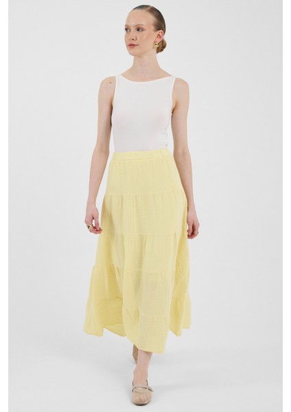 Tereyağ Sarısı Keten Görünümlü %100 Pamuk Kat Kat Uzun Etek 4801A modelleri