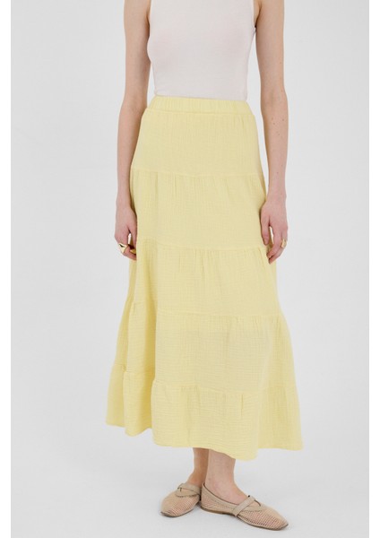 Tereyağ Sarısı Keten Görünümlü %100 Pamuk Kat Kat Uzun Etek 4801A fırsatları