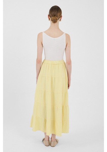 Tereyağ Sarısı Keten Görünümlü %100 Pamuk Kat Kat Uzun Etek 4801A indirimleri