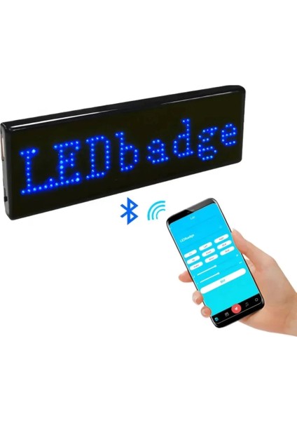 Matrix Kayan LED Yaka Rozeti Mobil Kontrollü Dijital Etiket 9×3cm modelleri