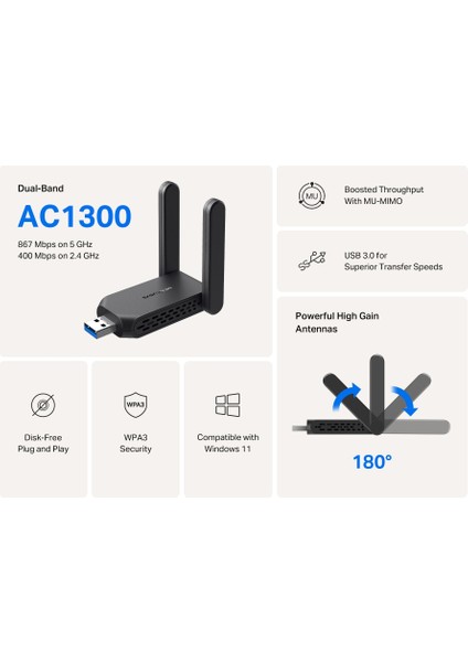 MA32H, AC1300 Mbps, Çift Bant, USB 3.0, Yüksek Çekim Güçlü Wi-Fi 5 USB Adaptör indirimleri