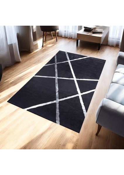 Gümüş Detaylı Siyah Peluş Halı - Dekoratif Salon Halısı, Kaymaz Salon Halısı fiyatları