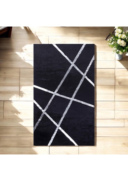 Gümüş Detaylı Siyah Peluş Halı - Dekoratif Salon Halısı, Kaymaz Salon Halısı modelleri