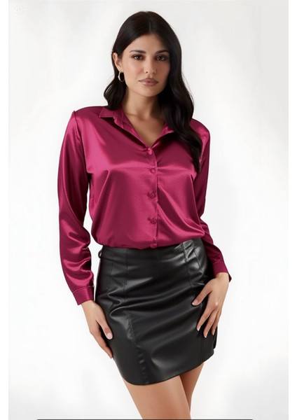 Kadın Bordo Hafif Dökümlü Saten Yüzeyli Gömlek HZL22W-BD139641