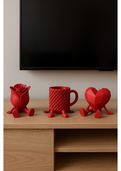 Dekoratif Kalp Gül ve Kahve Figürü Kahve Sever Obje 3'lü Set 9 x 7 cm fırsatları