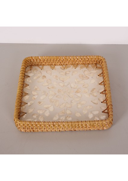 Mylamp Kare Kremy 23X23X3 Sedefli Rattan Tepsi & Duvar Dekoru