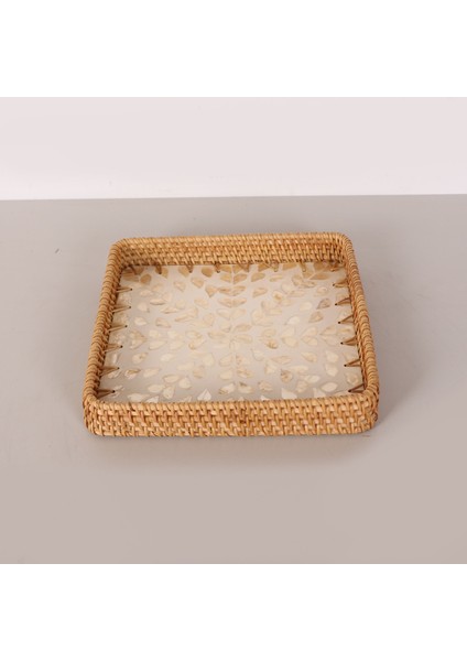Mylamp Kare Kremy 28X28X3 Sedefli Rattan Tepsi & Duvar Dekoru