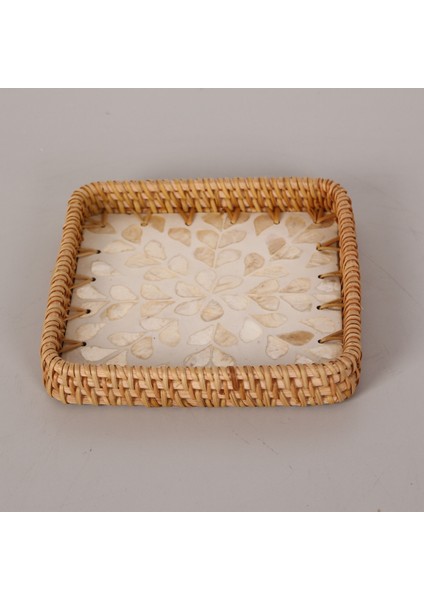 Mylamp Kare Kremy 18X18X3 Sedefli Rattan Tepsi & Duvar Dekoru