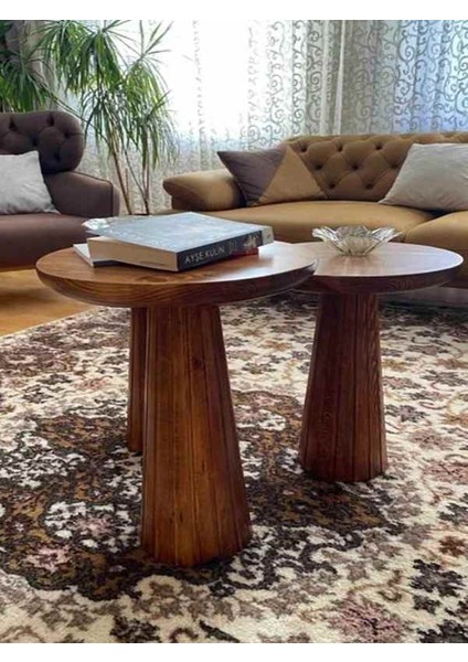 Dekoratif Ahşap Mantar Sehpa 3’lü Set – Masif Doğal Açık Ceviz Fiskos ve Zigon