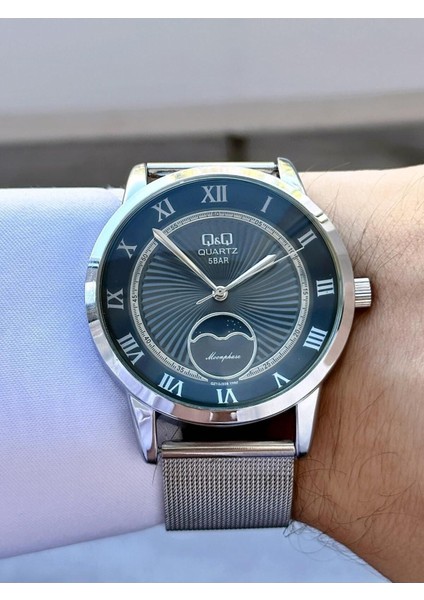 Erkek Koyu Mavi Hareketli Detay Kadran Gümüş Hasır Kordon Analog Saat fiyatları