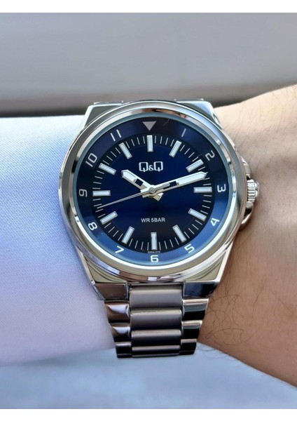 Erkek Gümüş Gri Klasik Damat Metal Kordon Fosfor Çizgi Lacivert Kadran Analog Saat modelleri