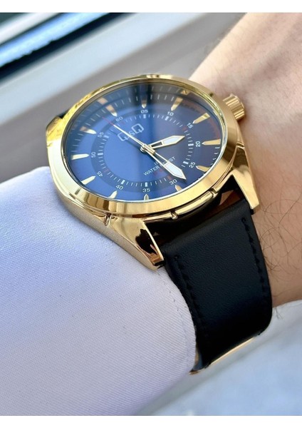Erkek Altın Siyah Deri Kayışlı Rakamsız Detay Kadran Suya Dayanıklı Analog Saat fiyatları