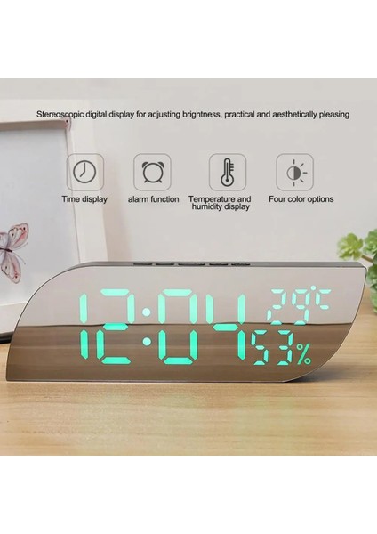 Modern Ayna Ekranlı Dijital Masa Saati | Alarm, Termometre, Nem Ölçer, Otomatik Parlaklık Ayarı | USB Veya Pil ile Çalışma Özelliği, Şık Tasarım, Beyaz Işık modelleri