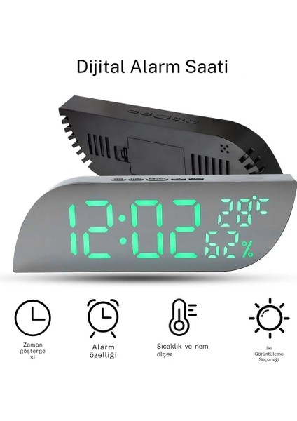 Modern Ayna Ekranlı Dijital Masa Saati | Alarm, Termometre, Nem Ölçer, Otomatik Parlaklık Ayarı | USB Veya Pil ile Çalışma Özelliği, Şık Tasarım, Beyaz Işık indirimleri