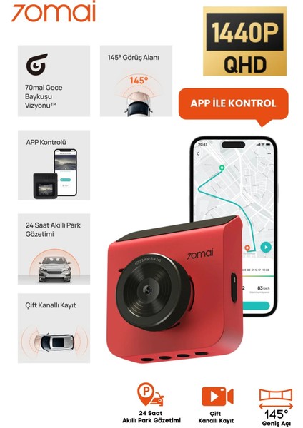 Yüksek Çözünürlüklü Araç Kamerası 1440P 2k 145° Açılı Gece Görüşlü Kırmızı