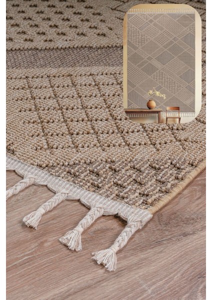 Roma Bej Kahve Yumuşak Bukleli ve Püsküllü Makine Dokuma Halı Oturma Odası Salon Mutfak Antre