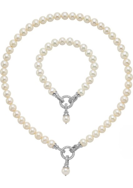 925 Ayar Gümüş 8 mm Halka Kilitli Doğal Inci Kolye Bileklik Ikili Set