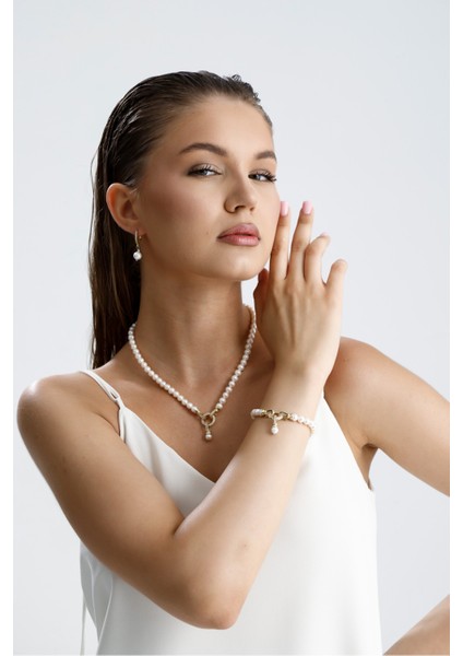 925 Ayar Gümüş 8 mm Halka Kilitli Doğal Inci Kolye Bileklik Ikili Set modelleri