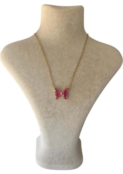 Pembe Taşlı Kelebek Gold Kolye