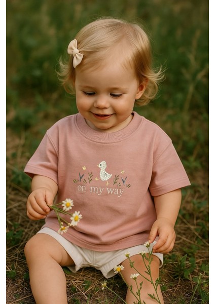 Ördek Nakışlı Oversize T-Shirt - Gül Kurusu %100 Pamuk