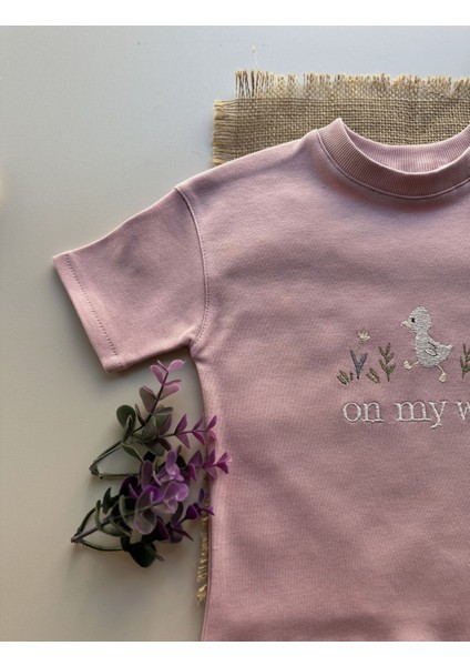 Ördek Nakışlı Oversize T-Shirt - Gül Kurusu %100 Pamuk fiyatları