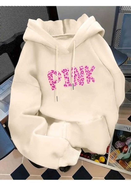 Pink Desen Baskılı Kapüşonlu Cepli Pamuklu Bej Sweatshirt