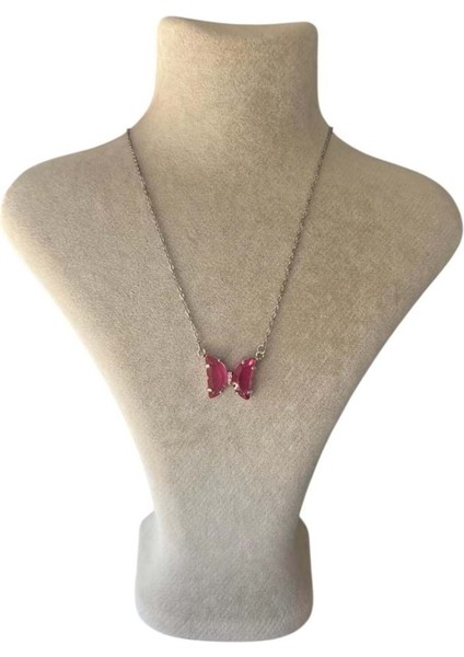 Pembe Taşlı Kelebek Silver Kolye