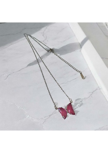 Pembe Taşlı Kelebek Silver Kolye fiyatları