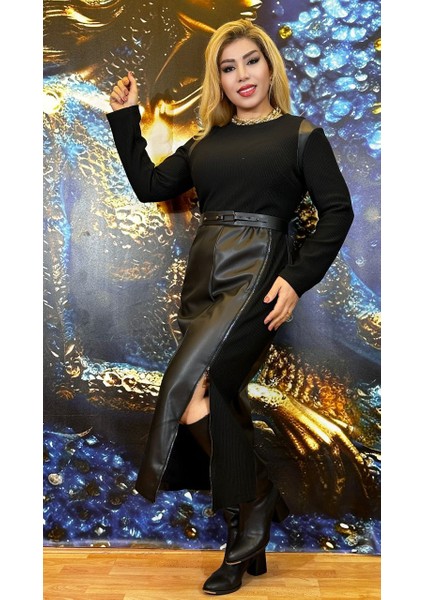 Deri Elbise Siyah Renk Kadin Midi Boy Deri Kombinli Doko Likrali Fermuarli Uzun Kollu fiyatları