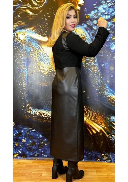 Deri Elbise Siyah Renk Kadin Midi Boy Deri Kombinli Doko Likrali Fermuarli Uzun Kollu modelleri