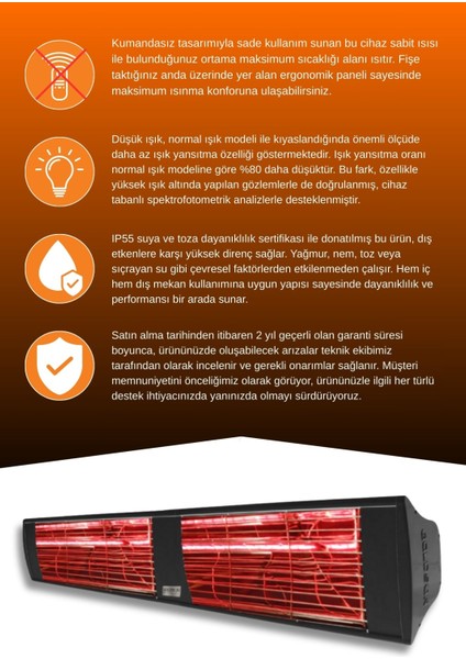 Supra 3000 Watt GSS30LG Düşük Işıklı Kumandasız Suya Dayanıklı Elektrikli İnfrared Isıtıcı-Siyah modelleri