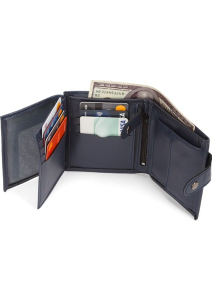 Erkek Siyah Deri Bozuk Para Hazneli Kartlık Cüzdan (10X12CM) TUL515 - Lacivert fırsatları