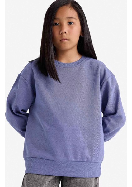 Relax Fit Bisiklet Yaka Basic Düz Okul Mor Kız Çocuk Sweatshirt A2797A8/PR510