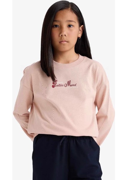 Relax Fit Bisiklet Yaka Baskılı Ince Bej Kız Çocuk Sweatshirt E8817A8/BG55 modelleri