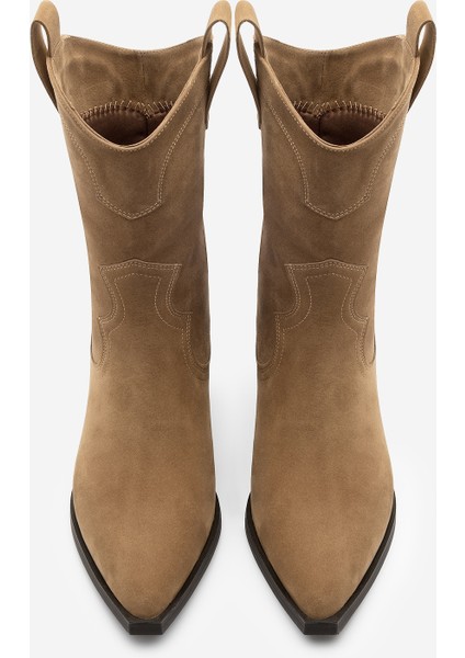 Kadın Sivri Burun Dikiş Detaylı Western Bot Voleta Taba Süet