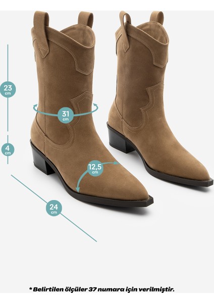 Kadın Sivri Burun Dikiş Detaylı Western Bot Voleta Taba Süet