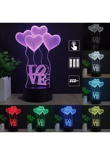 3D Dokunmatik LED Gece Lambası – Pilli & USB Bağlantılı Renk Değiştiren Masaüstü Kalp Love Şekilli